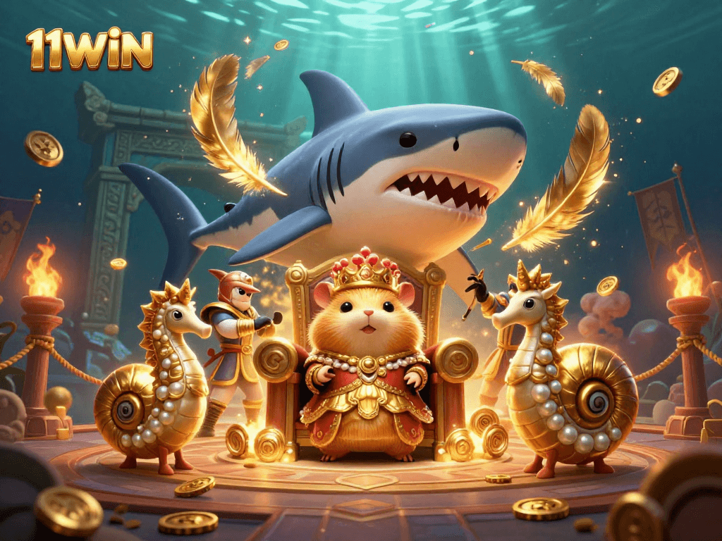 Experience the excitement of 11WIN with a vibrant casino-themed underwater scene filled with dynamic characters and game elements.
