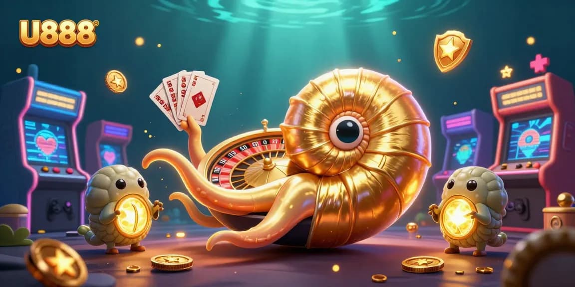 Experience exciting U888 gaming with a dazzling 3D illustration featuring vibrant casino elements.