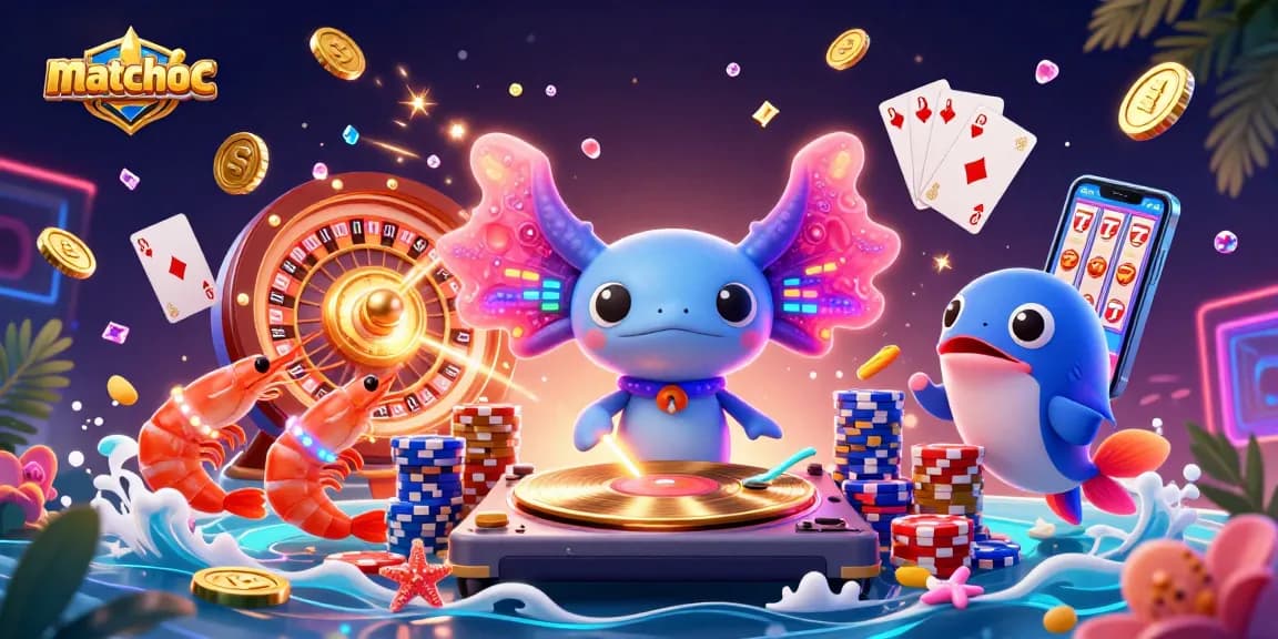 Enjoy vibrant gameplay with matchuoc's lively axolotl DJ amidst cascading coins and colorful casino elements.
