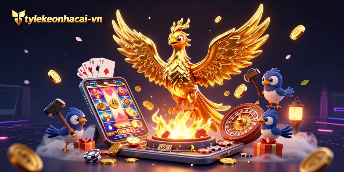 Engage in thrilling gameplay with tylekeonhacai-vn, showcasing a 3D casino-inspired phoenix and dynamic slot elements.
