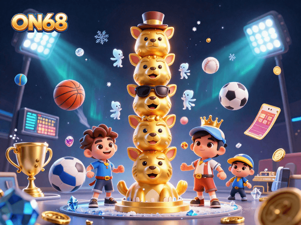 Engage with ON68’s vibrant gaming scene featuring a golden totem and dynamic sports elements.