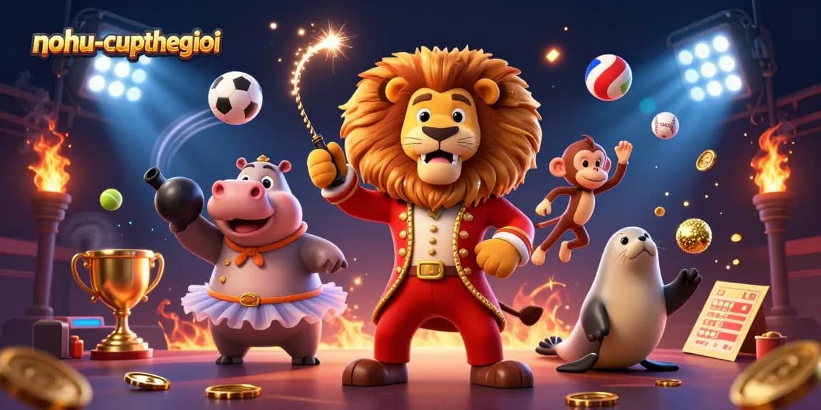 Nohu-cupthegioi showcases a dynamic 3D circus scene, featuring vibrant casino characters engaging in thrilling sports betting action.