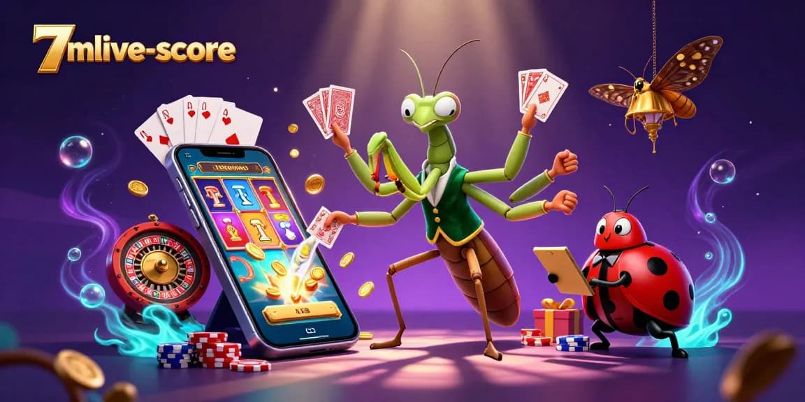Engage in thrilling card games with 7mlive-score's vibrant casino illustration, showcasing dynamic characters.