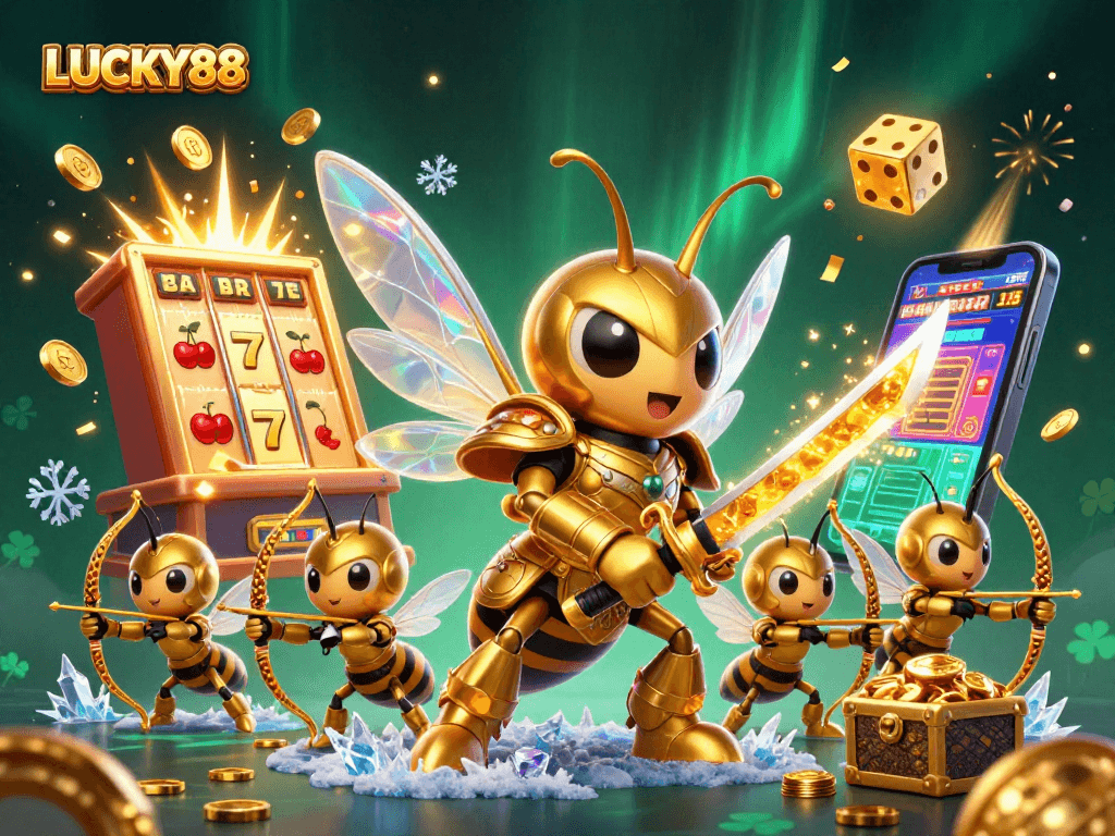 Engage in thrilling casino adventures with LUCKY88 amidst vibrant slot machines and golden treasures.