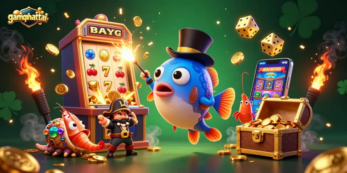 Engage in thrilling gameplay with gamephattai, featuring vibrant slot machine explosions and colorful characters.
