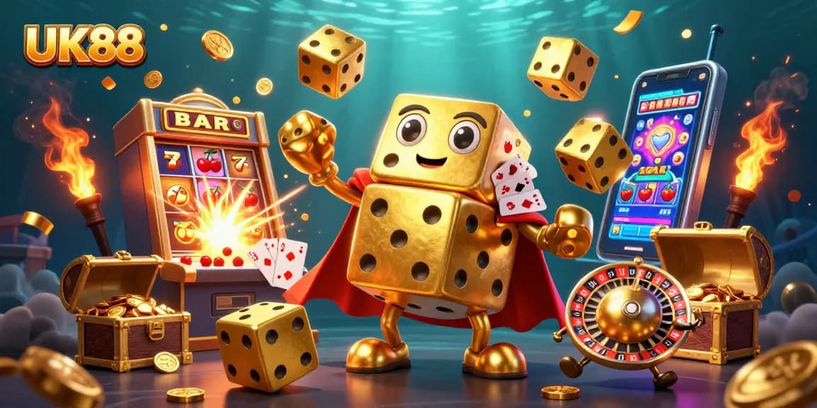 Experience the excitement at UK88 with a vibrant 3D casino scene featuring golden dice and slot machines.