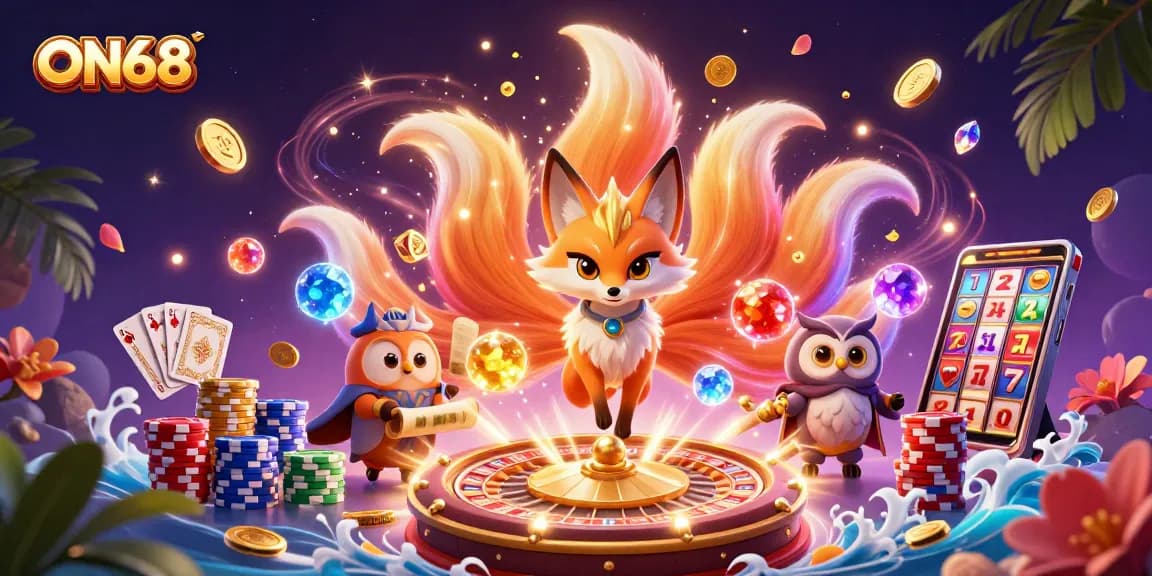 Experience thrilling gaming at ON68 with a vibrant fox spirit and floating treasure.