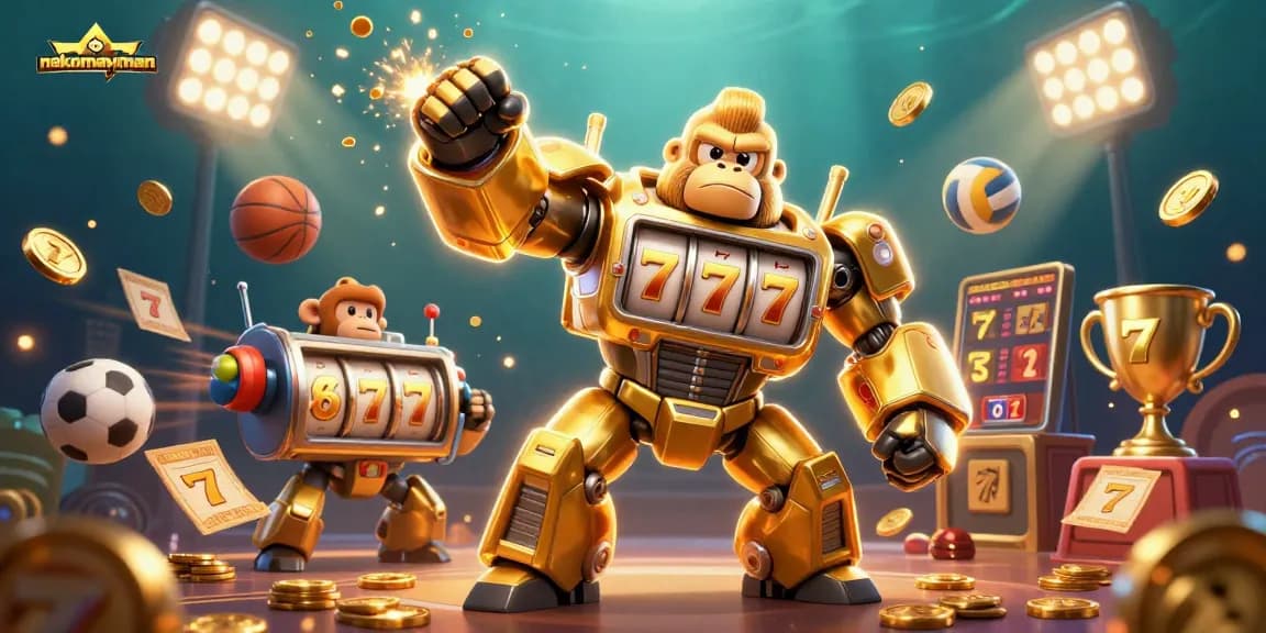 Experience the excitement of nekomayman with a dynamic 3D illustration showcasing a gorilla mech, slot machines, and sports elements.