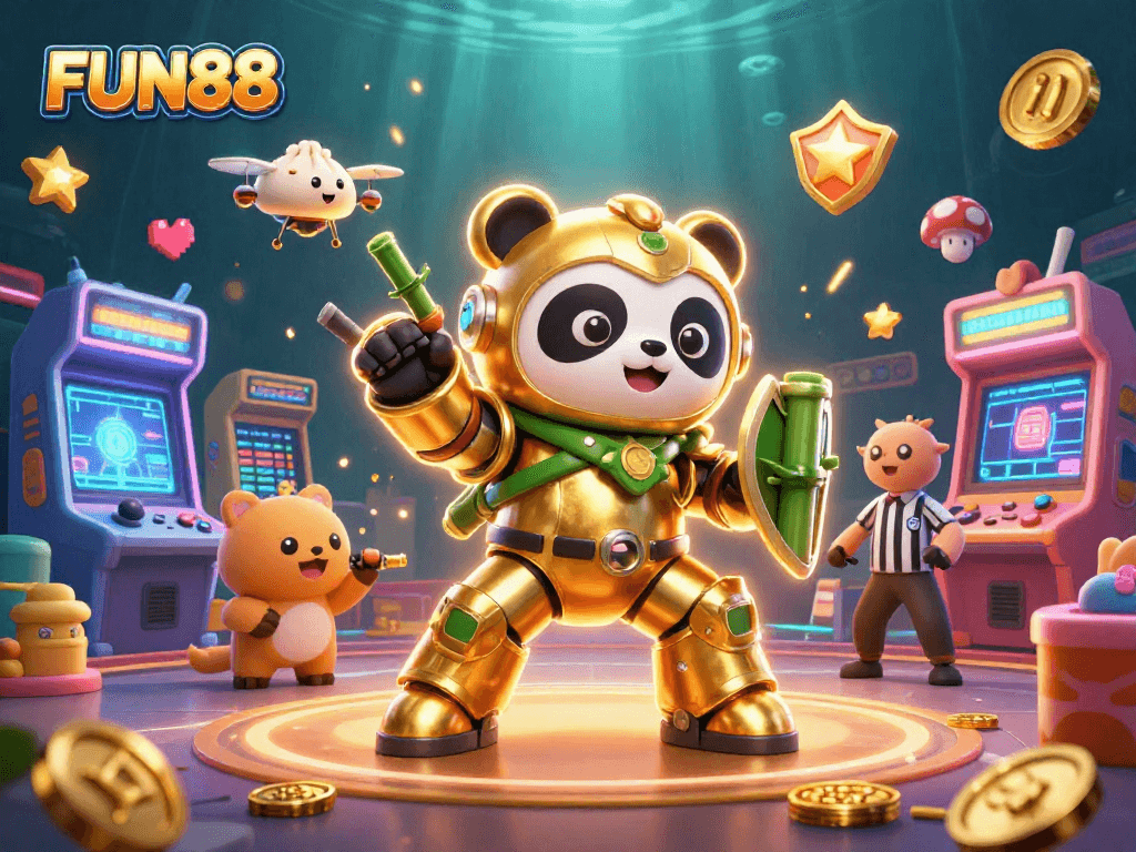 Engage with FUN88's vibrant casino atmosphere in this 3D cartoon illustration packed with action and colorful game elements.