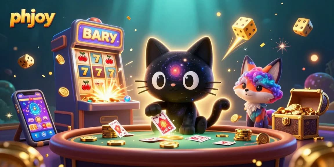 Experience the thrill of phjoy with a black hole cat and colorful fox at a casino table bursting with vibrant games.