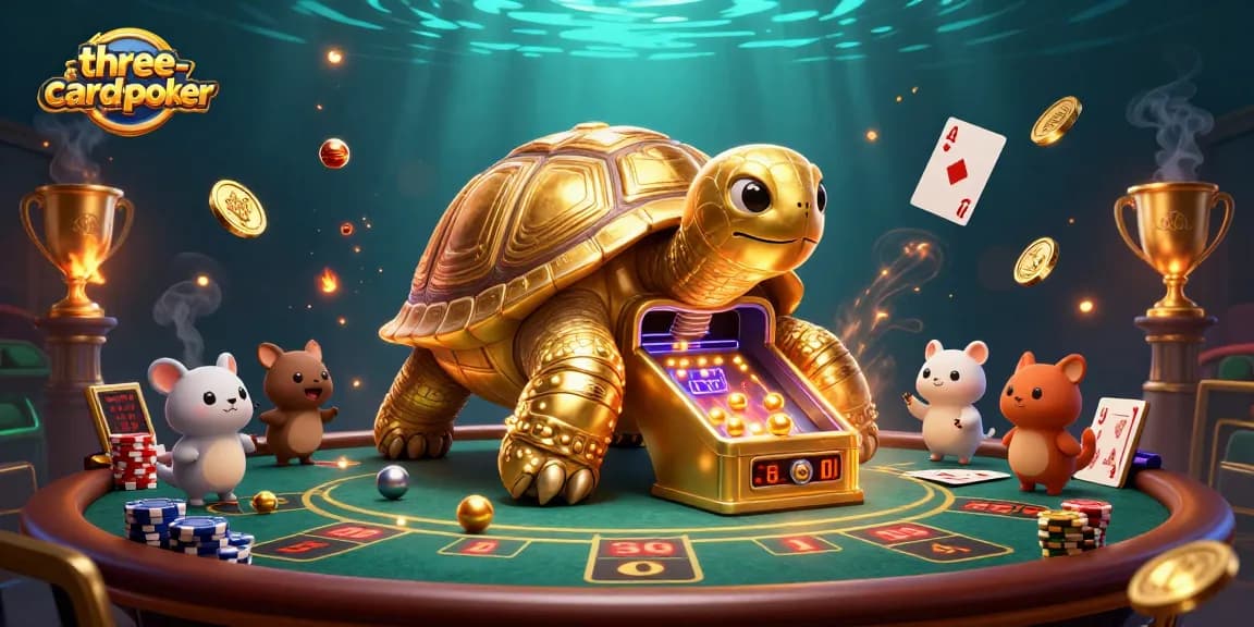 Engage in three-card-poker action with an exciting tortoise-themed casino scene.