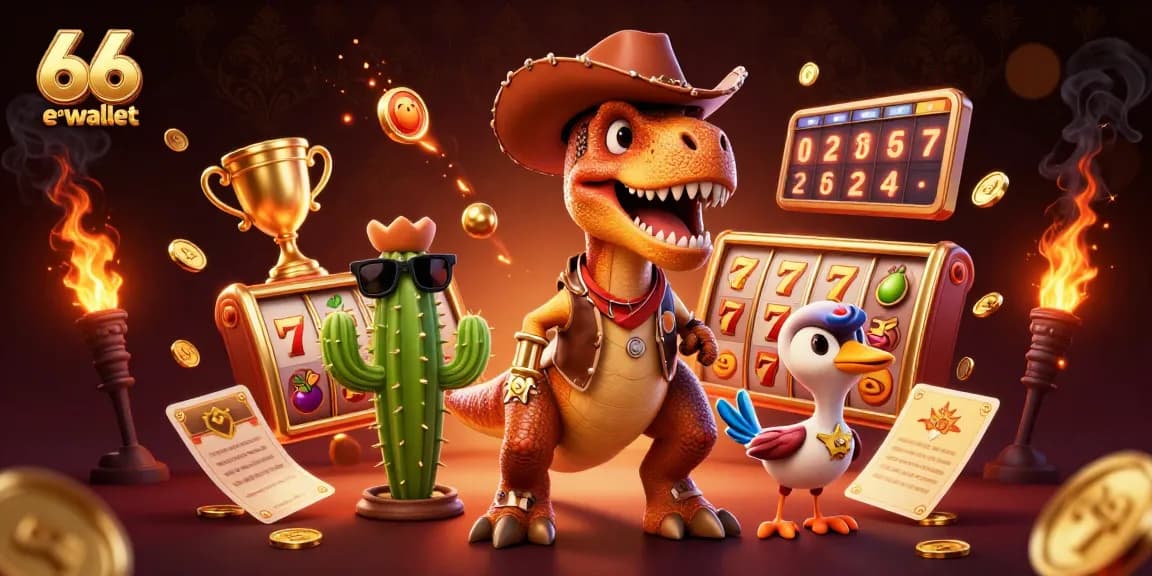 Spin the reels with 66 aud e wallet in this vibrant casino scene featuring cartoon characters and slot elements.