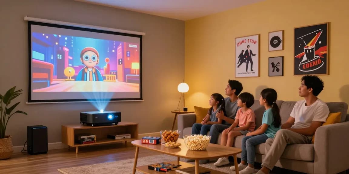 The best projector 2026 in a cozy home setting, showcasing a family movie night with vibrant 4K projection on screen.