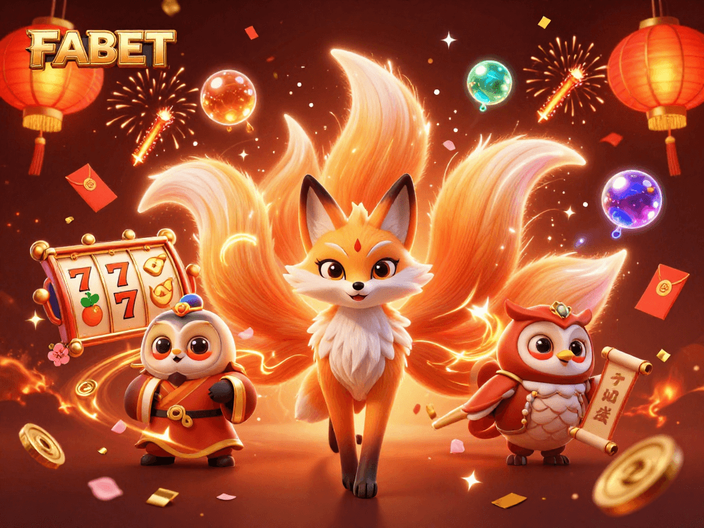 Experience dynamic FABET gaming action with an enchanting nine-tailed fox spirit, wise owl sage, and vibrant slot elements.