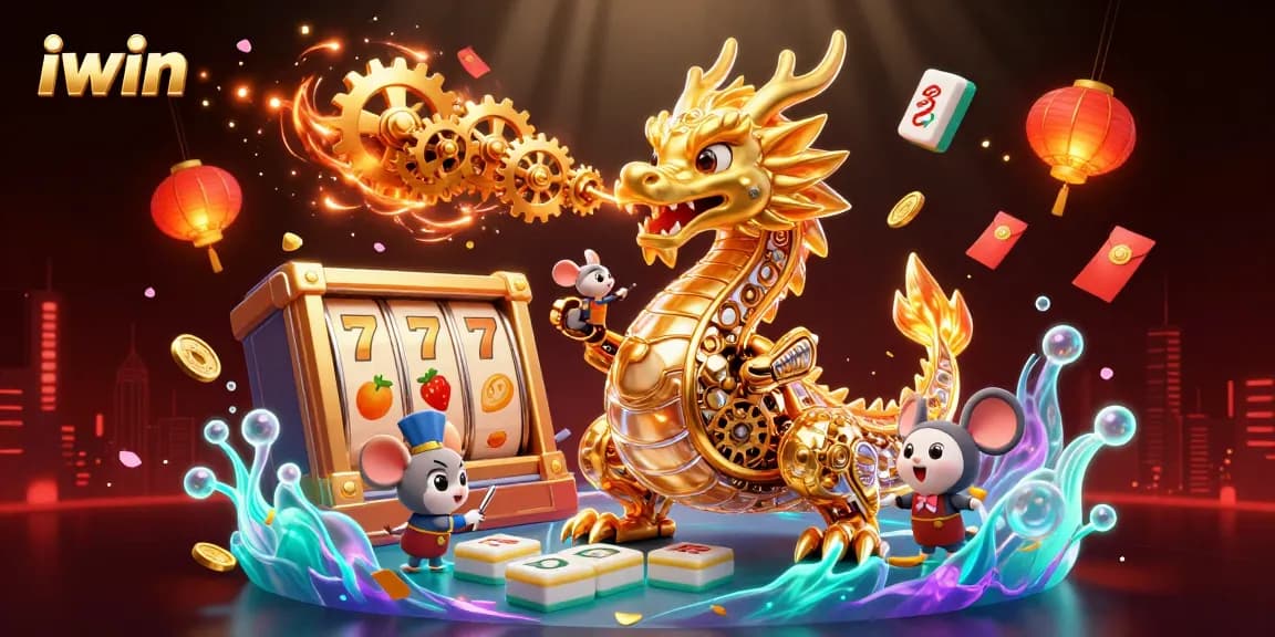 Engage in the iwin casino experience with a golden dragon character amidst vibrant gaming elements.