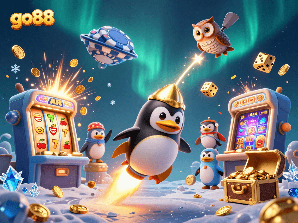 Experience the exciting adventures of go88 as a golden penguin soars through a cosmic casino.