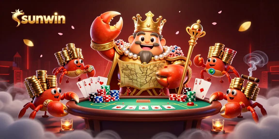 Experience the thrill of sunwin with a golden crab emperor surrounded by poker excitement.