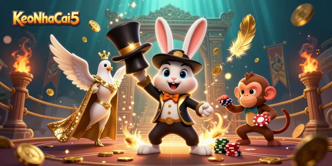 Experience the thrill of KeoNhaCai5 with a cartoon magician rabbit, dove, and monkey amidst golden casino treasures.