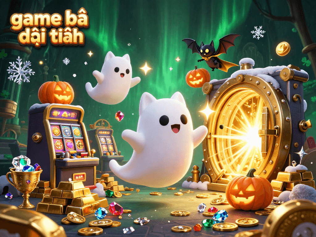 Play game bài đổi thưởng amidst a vibrant haunted casino with dynamic characters and rich details.