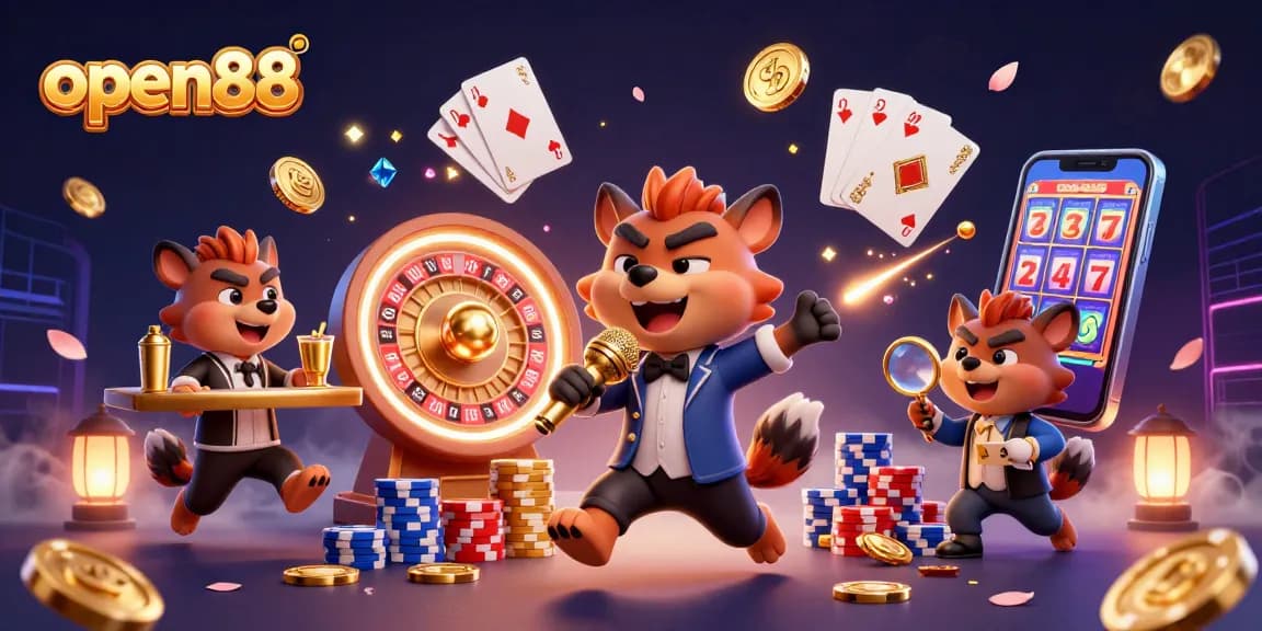 Explore open88's vibrant casino world with hyenas bonding over comedy and drinks amidst swirling treasures.