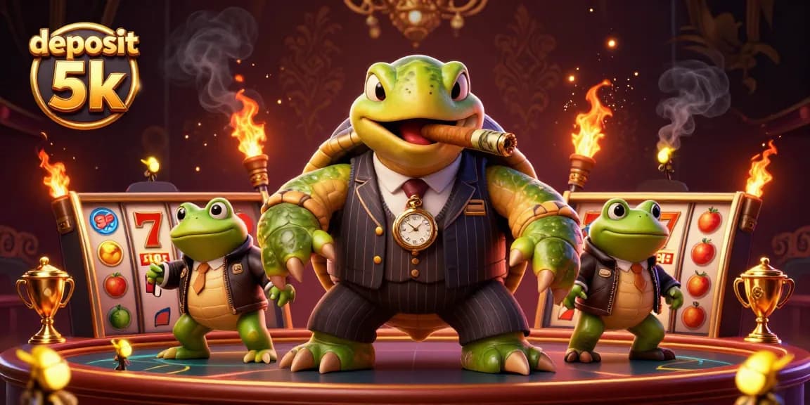 Play slots at deposit 5k with a dynamic illustration of a turtle in suit, entertaining gaming elements.