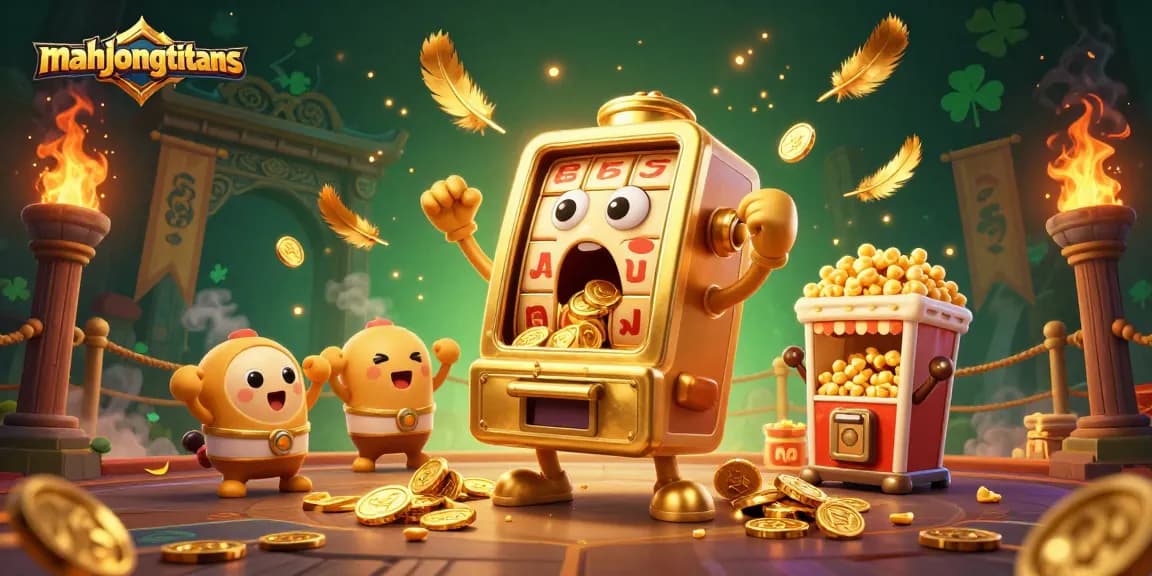 Engage with mahjongtitans as a golden slot machine hits a jackpot amidst dramatic casino elements.