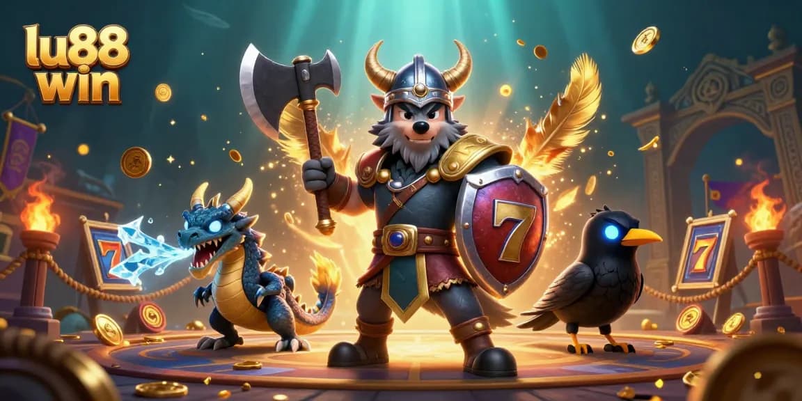 Engage with the thrilling scene showcasing lu88 win, featuring 3D Viking warrior and ice dragon in action.