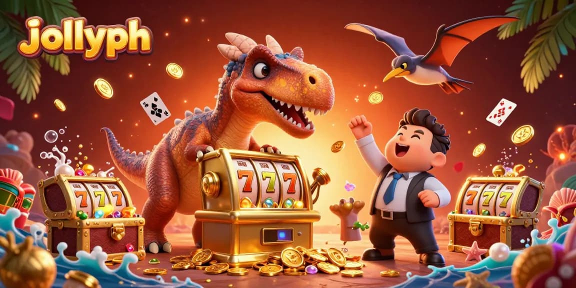 Unleash your luck with Jollyph: 3D cartoon creatures playing slots and catching coins in a vibrant casino scene.