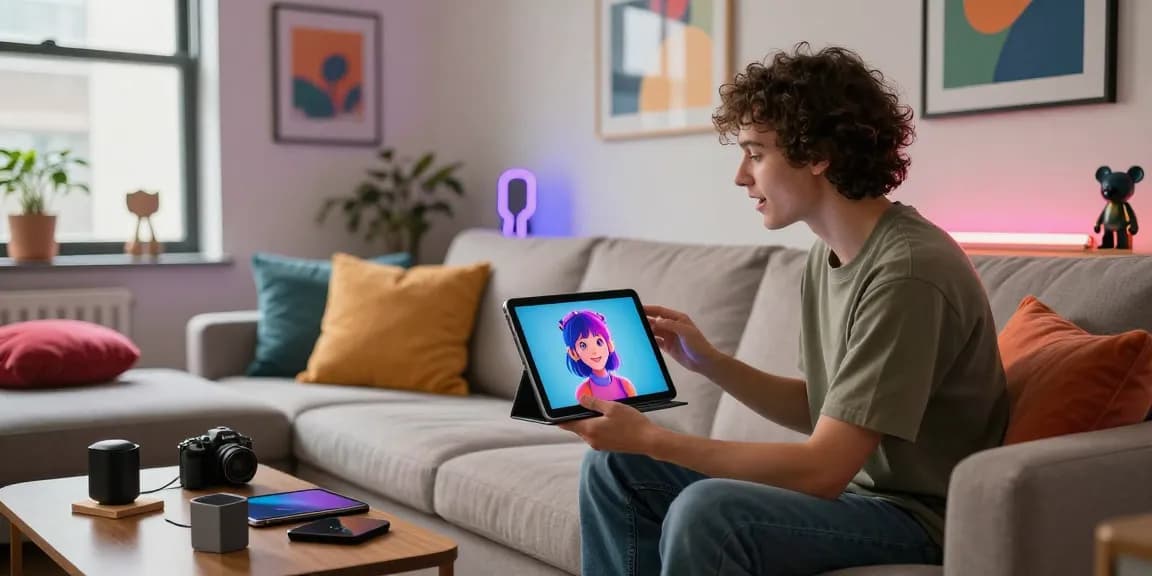 Engaging scene of an individual interacting with an AI slut character in a cozy urban apartment.
