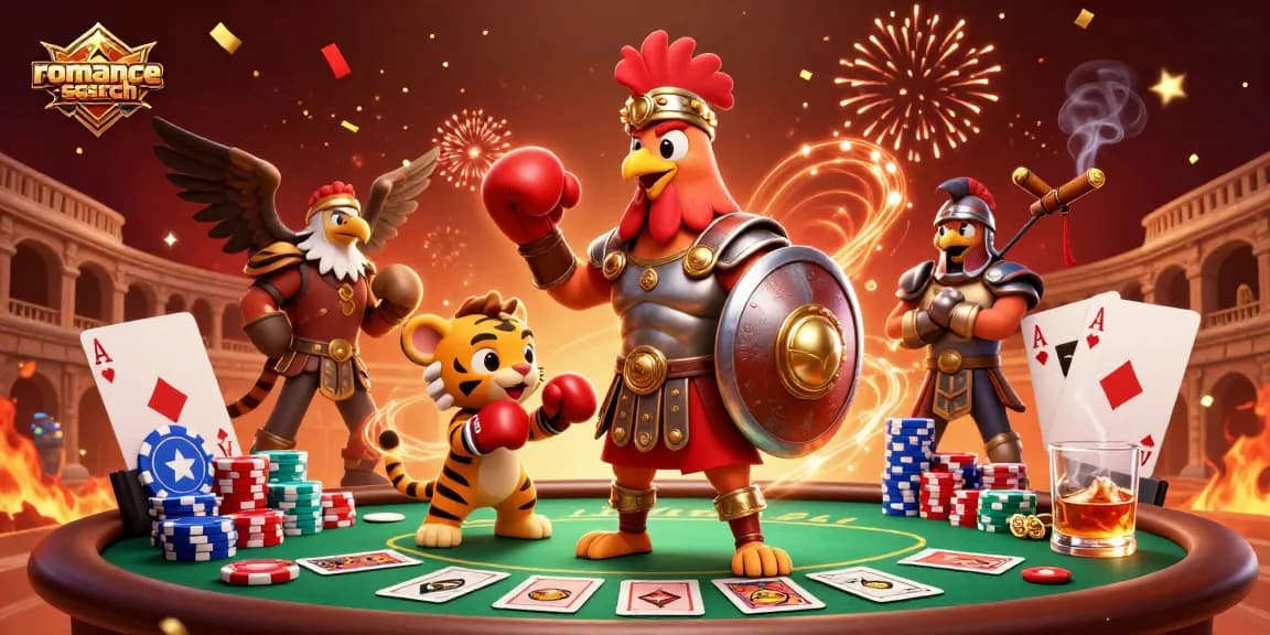 Engage with the exhilarating world of romance-search where a gladiator rooster battles in a colorful poker arena.