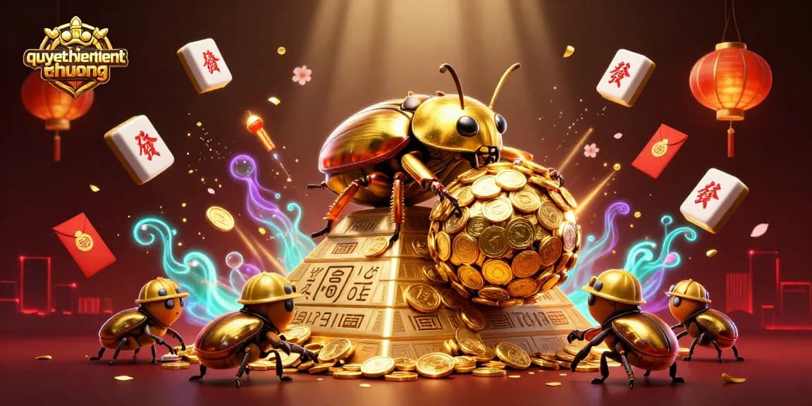 Spin into the excitement of quyetchientienthuong as golden beetles roll coins and symbols in a vibrant casino adventure.