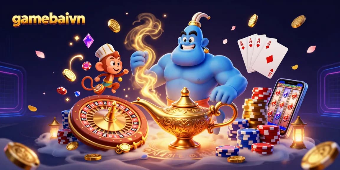 gamebaivn showcases a thrilling poker scene with a genie and a magic monkey, surrounded by vibrant gold coins and poker chips