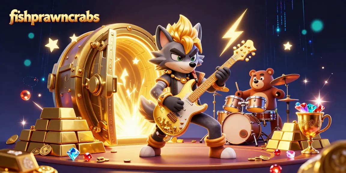 Engage in thrilling fishprawncrabs gameplay with a dynamic rock star wolf and bear drummer!