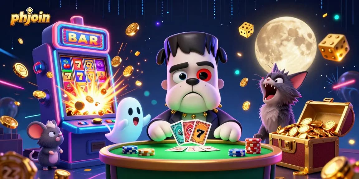Experience thrilling gameplay at phjoin with a fun 3D illustration featuring a Frankenstein bulldog and jackpot elements.