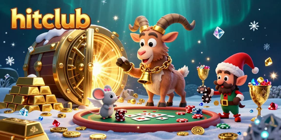 Experience the festive chaos of hitclub casino with a Krampus goat, angel mouse, and elf gremlins in a vibrant scene.