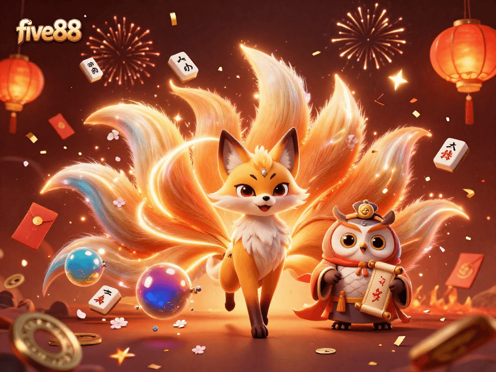 Experience five88's vibrant charm with animated spirits and festive gambling elements in a dynamic illustration.
