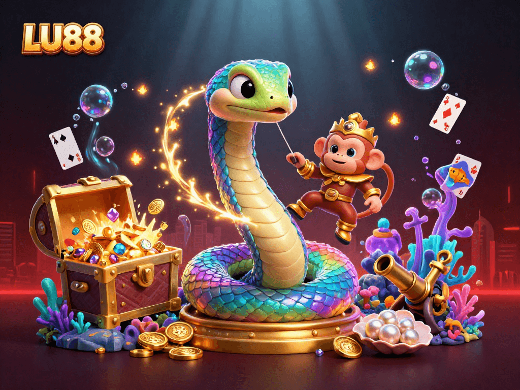 LU88 showcases vibrant casino excitement with colorful characters and dynamic game elements in an enchanting scene.