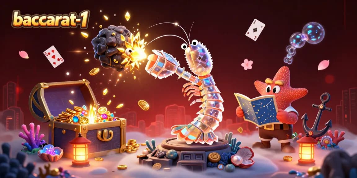 Experience exciting baccarat-1 gameplay with floating cards, golden gems, and thrilling characters.