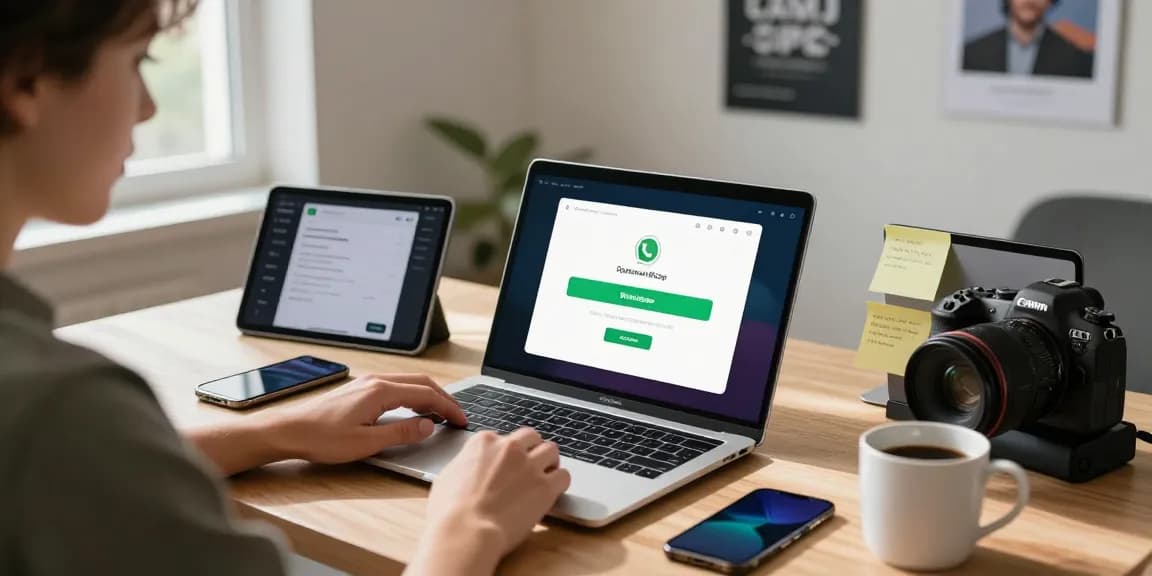 Efficient user downloading WhatsApp下載 on a laptop in a modern workspace with natural light.