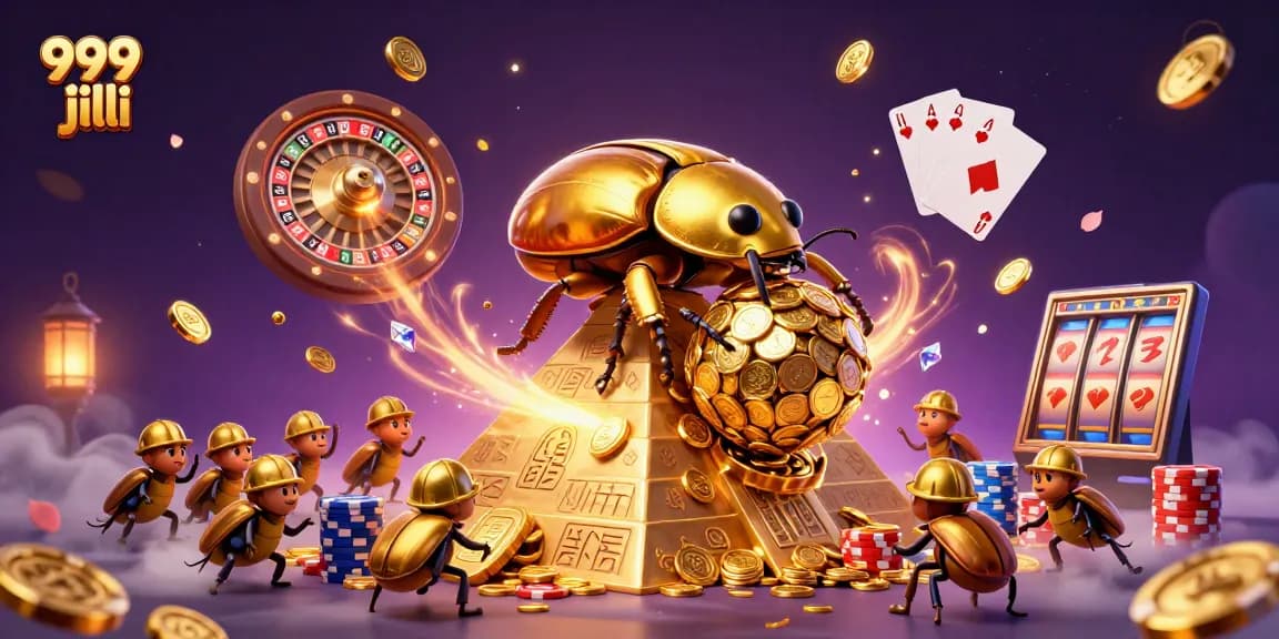 Engage with the vibrant 999 jili world featuring golden beetles and casino elements in an energetic scene.