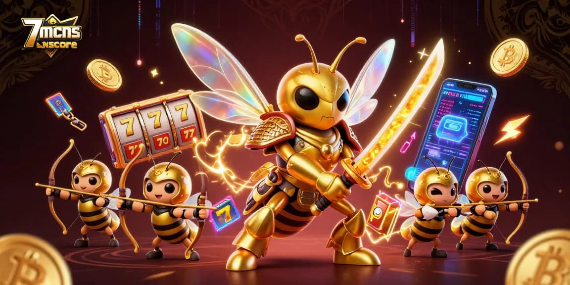 Experience thrilling gameplay with 7mcnscore, showcasing a vibrant 3D casino scene filled with slot reels and crypto elements.