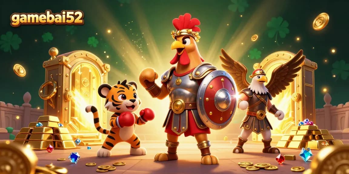Gamebai52 showcases a thrilling scene with a gladiator rooster, sparring tiger cub, and eagle; dynamic gambling illustration.