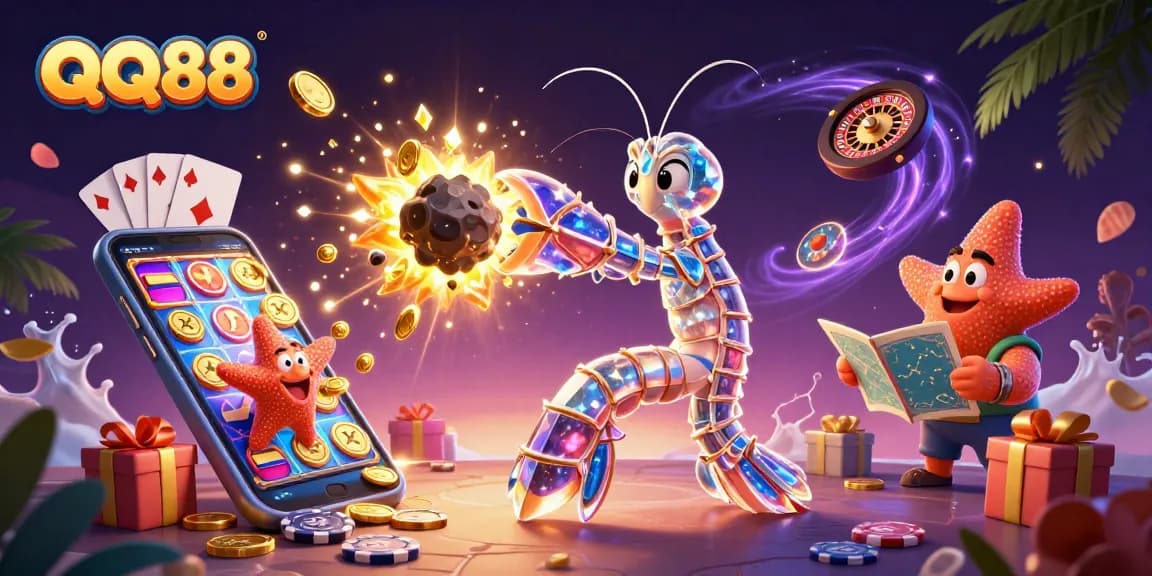 Experience thrilling gaming with QQ88's vibrant 3D scene of a galactic mantis shrimp and casino elements.