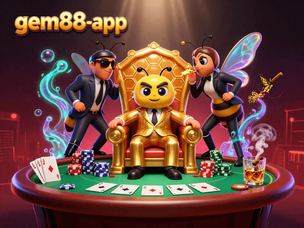 Engage with gem88-app's thrilling poker scene featuring a buzzing bumblebee mob boss among colorful chips.