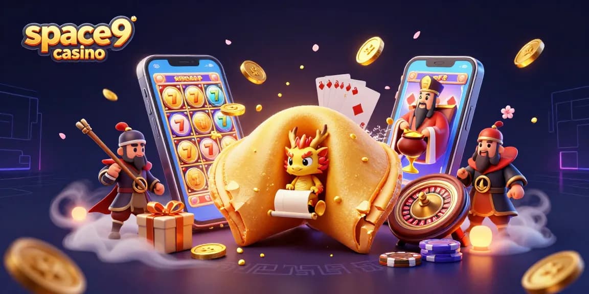 Engage with space9 casino's vibrant imagery of a golden fortune cookie amidst slot games and mystical elements.