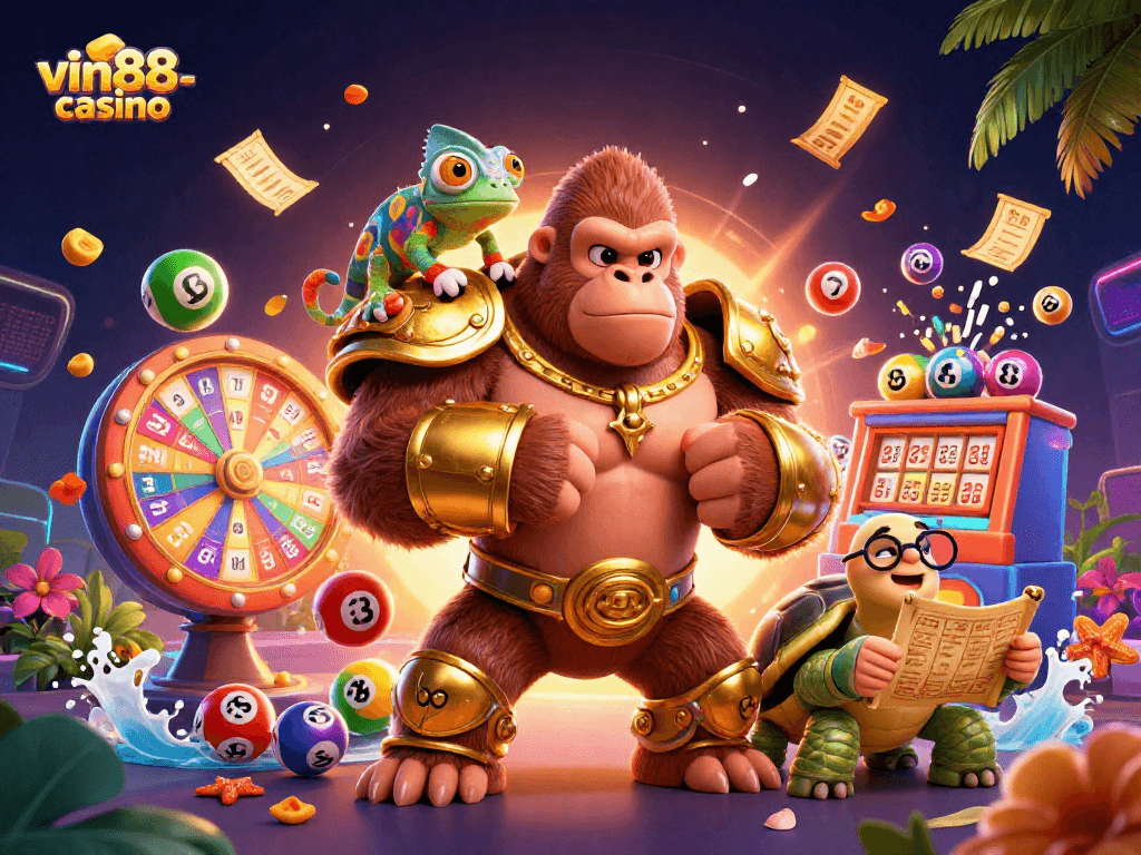 Experience thrilling wins at vin88-casino with vibrant lottery elements in a captivating 3D scene.