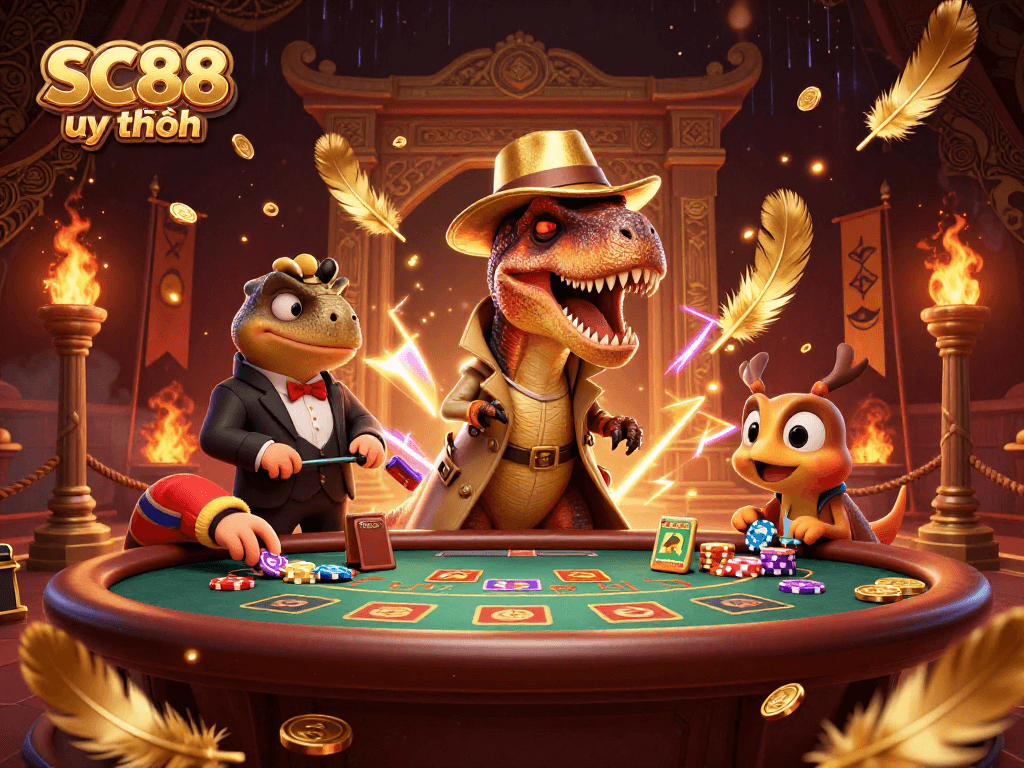 Engage with SC88 uy tín at a vibrant casino scene featuring a velociraptor card counter and a stegosaurus pit boss.