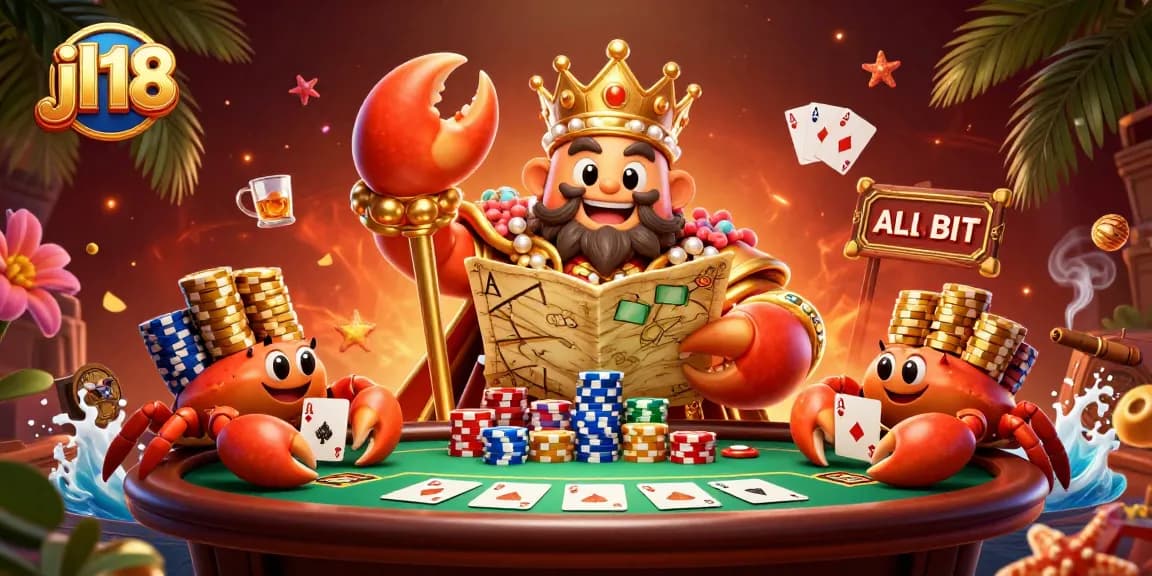 Experience high-stakes gaming at jl18 with a vibrant scene of a crab emperor and poker elements.