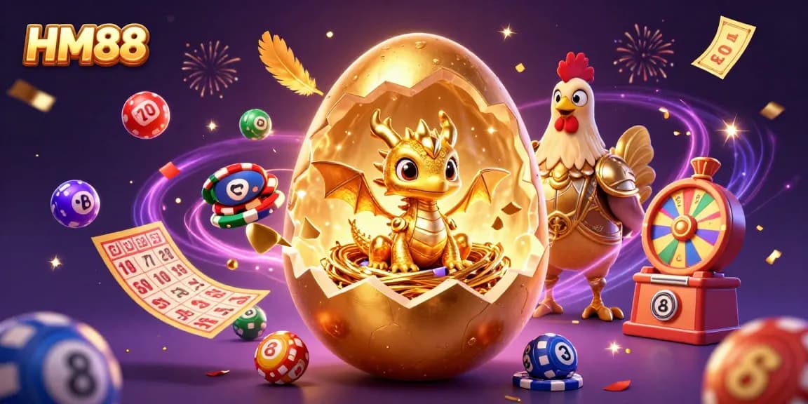 Engage in thrilling gaming adventures with HM88 showcasing a golden dragon and vibrant lottery elements.