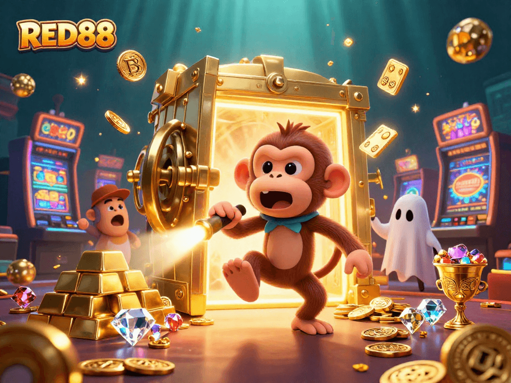 Experience thrilling gameplay with RED88 in this vibrant 3D casino illustration featuring dynamic characters.